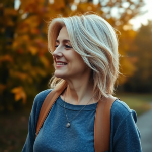 Middle-aged woman with platinablond hair walking in autumn nature, smiling and enjoying the scenery